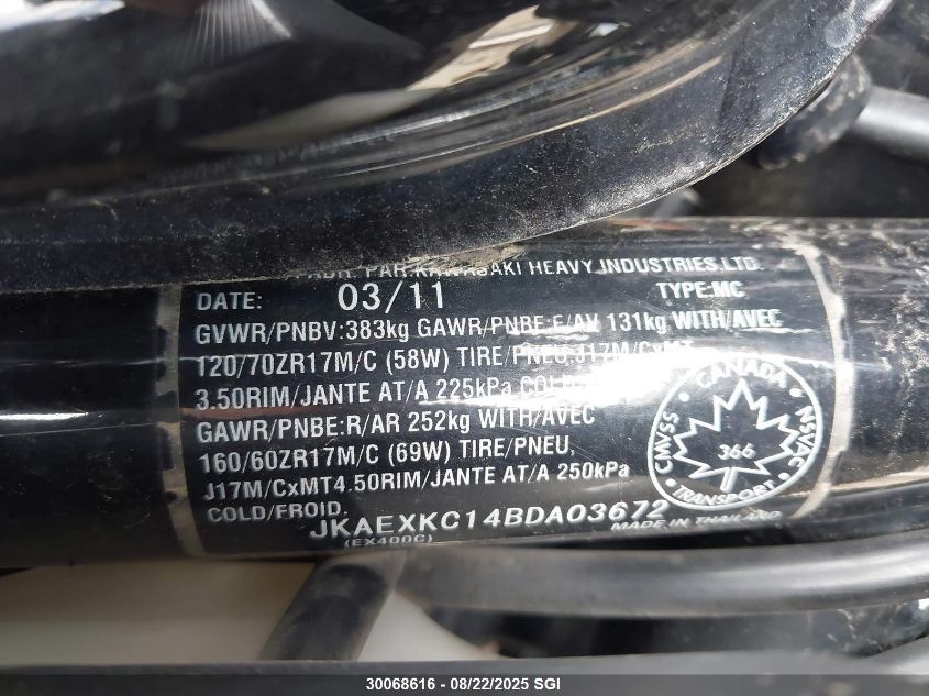 2011 Kawasaki Ex400 Cb VIN: JKAEXKC14BDA03672 Lot: 30068616