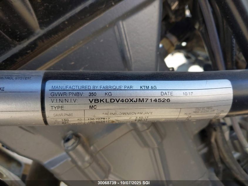 2018 Ktm 690 Duke VIN: VBKLDV40XJM714526 Lot: 30068739