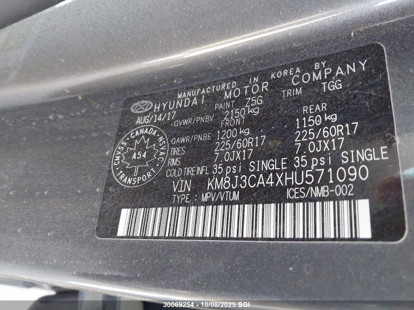 2017 Hyundai Tucson Limited/Sport And Eco/Se VIN: KM8J3CA4XHU571090 Lot: 30069254