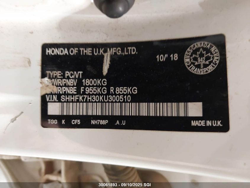 2019 Honda Civic Lx VIN: SHHFK7H30KU300510 Lot: 30061893