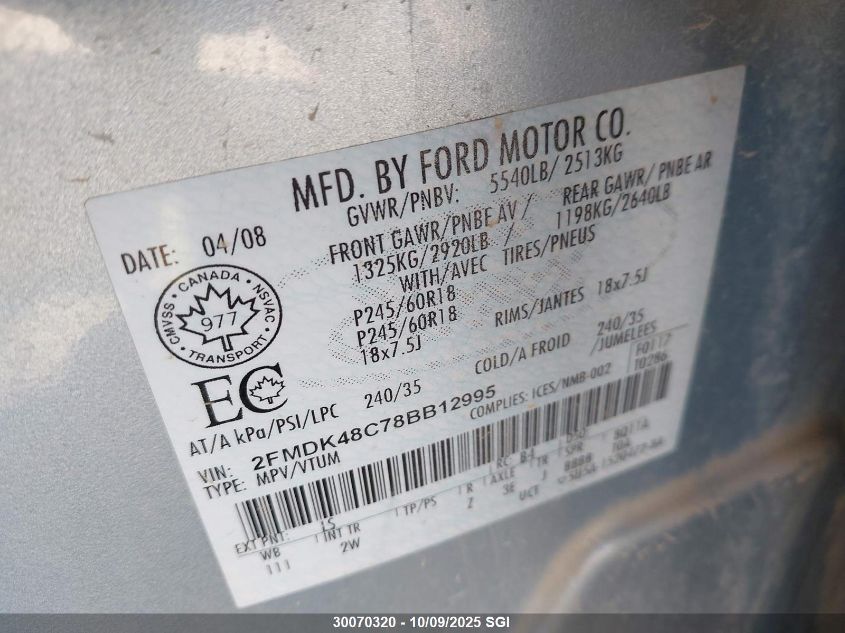 2008 Ford Edge Sel VIN: 2FMDK48C78BB12995 Lot: 30070320