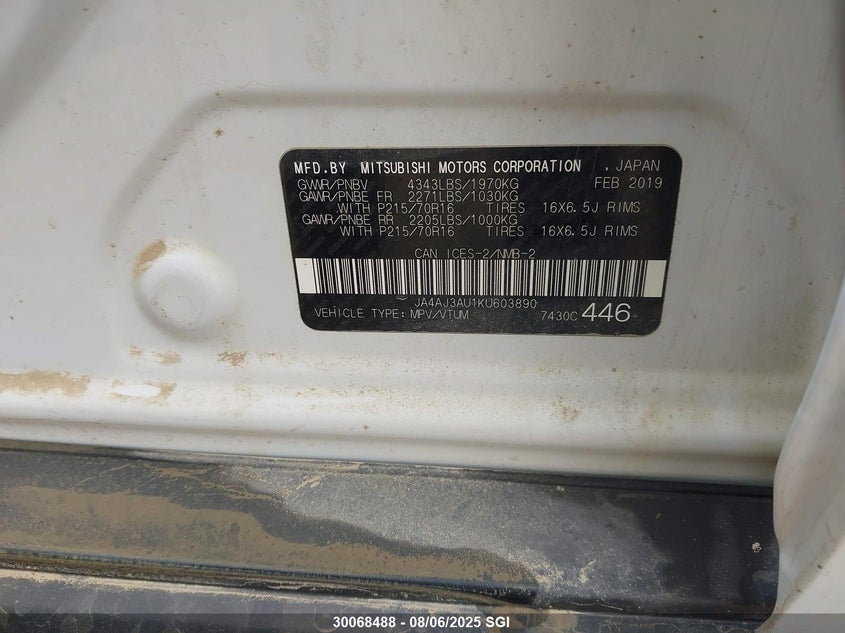2019 Mitsubishi Rvr Se VIN: JA4AJ3AU1KU603890 Lot: 30068488