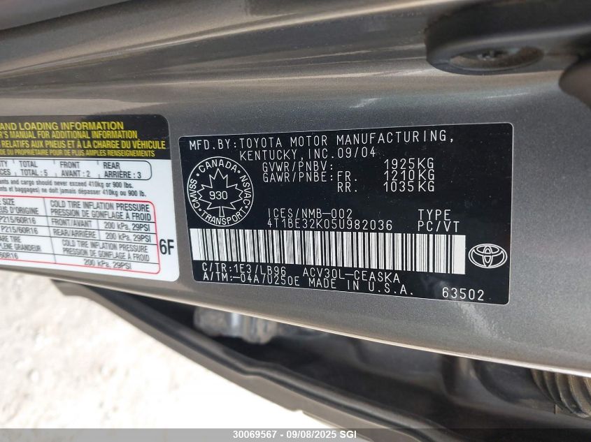 2005 Toyota Camry Le/Xle/Se VIN: 4T1BE32K05U982036 Lot: 30069567