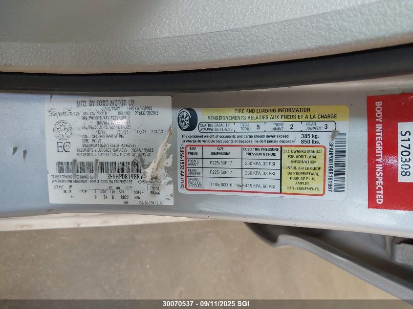 2008 Ford Fusion Sel VIN: 3FAHP08198R181967 Lot: 30070537