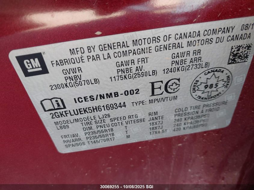 2017 GMC Terrain Slt VIN: 2GKFLUEK5H6169344 Lot: 30069255