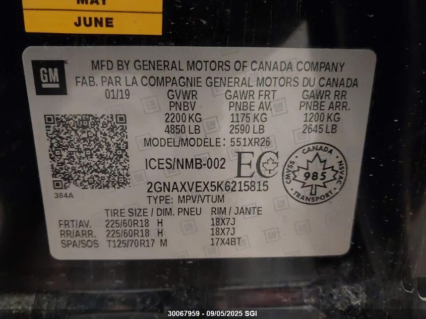 2019 Chevrolet Equinox Lt VIN: 2GNAXVEX5K6215815 Lot: 30067959