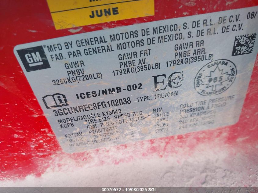 2015 Chevrolet Silverado K1500 Lt VIN: 3GCUKREC8FG102038 Lot: 30070572