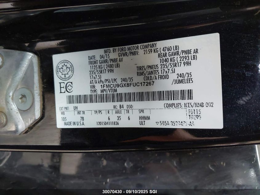 2015 Ford Escape Se VIN: 1FMCU9GX8FUC17267 Lot: 30070430