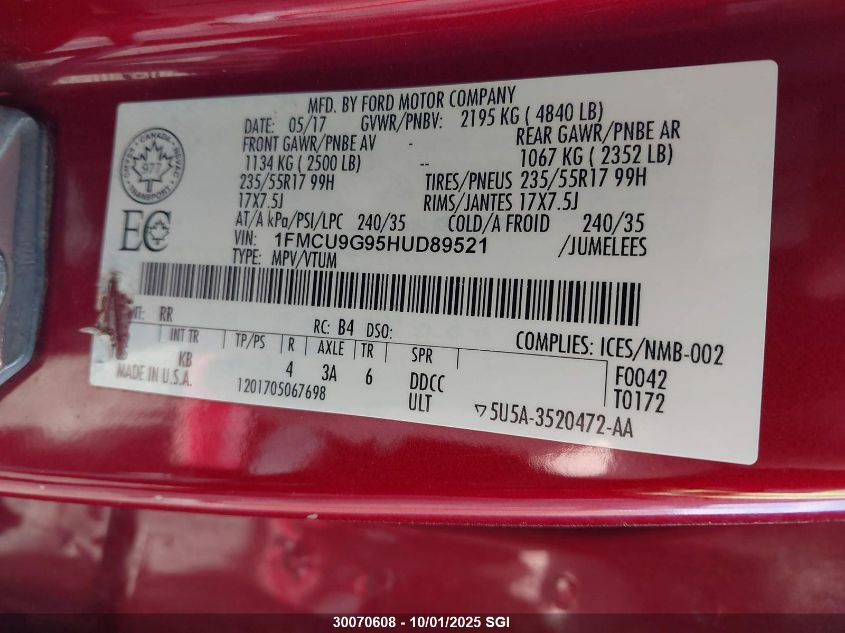 2017 Ford Escape Se VIN: 1FMCU9G95HUD89521 Lot: 30070608