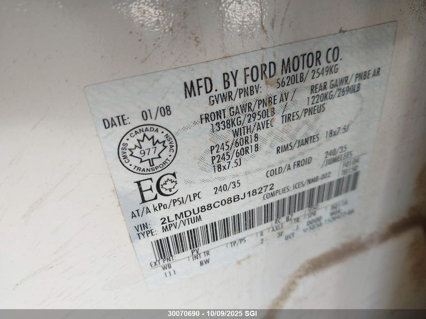 2008 Lincoln Mkx VIN: 2LMDU88C08BJ18272 Lot: 30070690