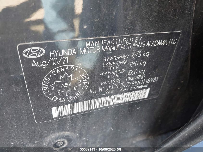 2022 Hyundai Sonata Sel Plus VIN: 5NPEJ4J29NH138981 Lot: 30069143