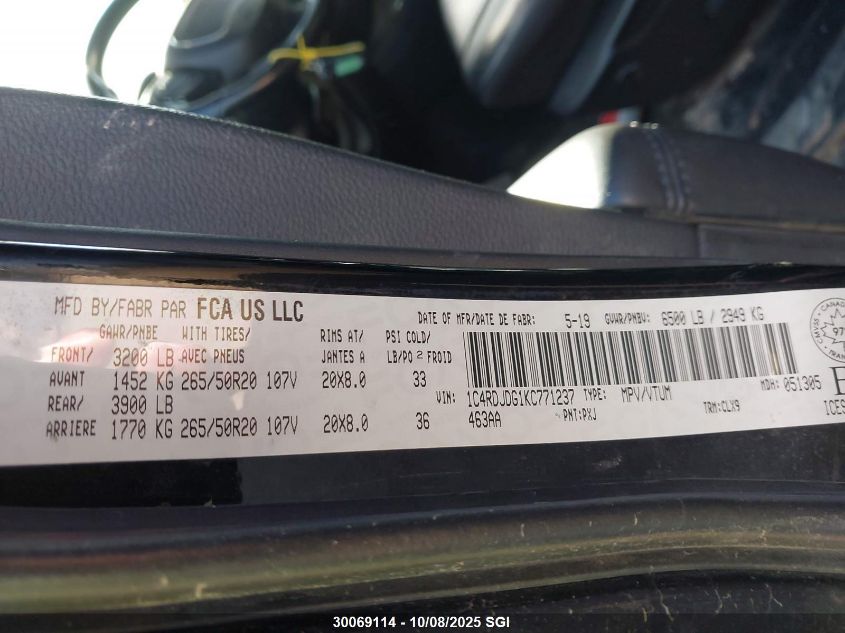 2019 Dodge Durango Gt VIN: 1C4RDJDG1KC771237 Lot: 30069114