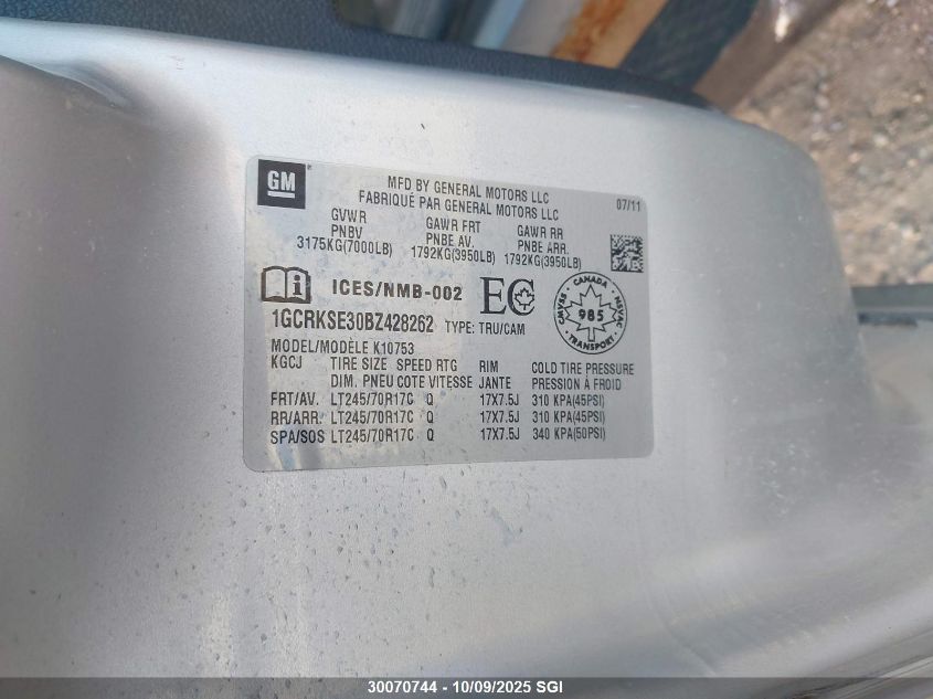 2011 Chevrolet Silverado K1500 Lt VIN: 1GCRKSE30BZ428262 Lot: 30070744