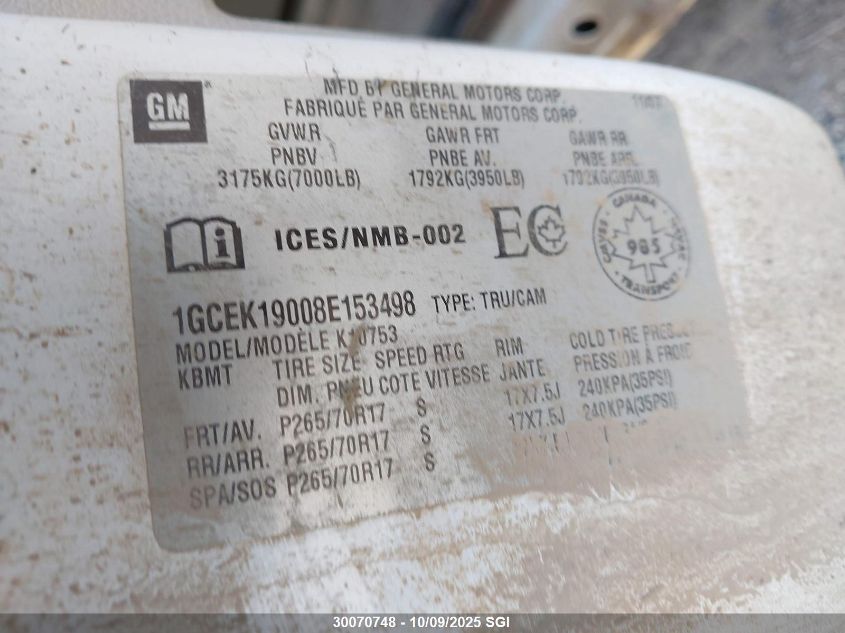 2008 Chevrolet Silverado K1500 VIN: 1GCEK19008E153498 Lot: 30070748