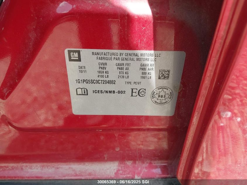 2012 Chevrolet Cruze Lt VIN: 1G1PG5SC0C7204882 Lot: 30065369
