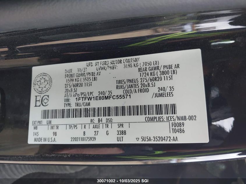 2021 Ford F150 Supercrew VIN: 1FTFW1E80MFC55571 Lot: 30071002