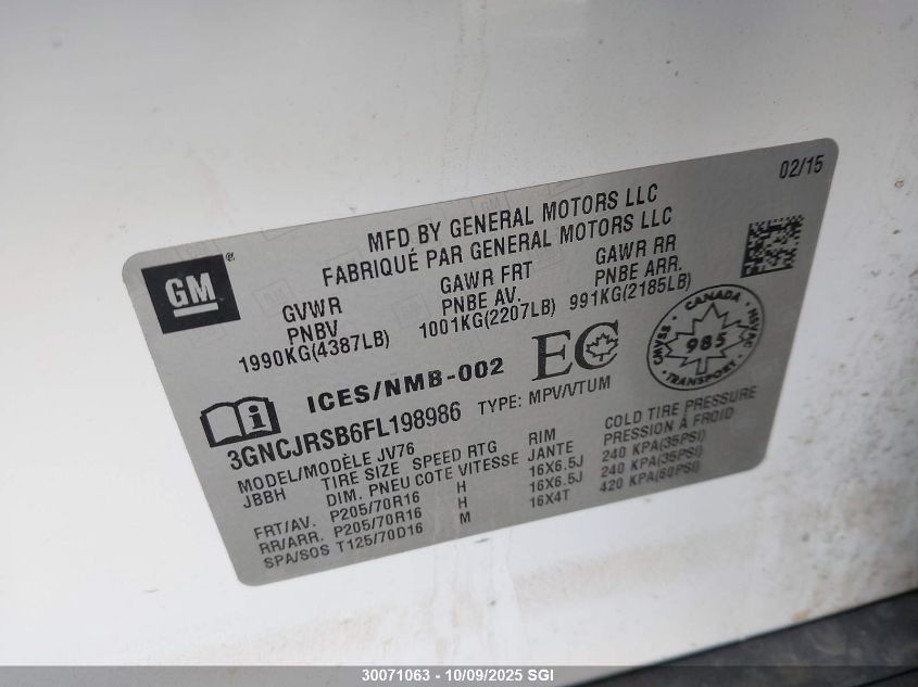 2015 Chevrolet Trax 1Lt VIN: 3GNCJRSB6FL198986 Lot: 30071063
