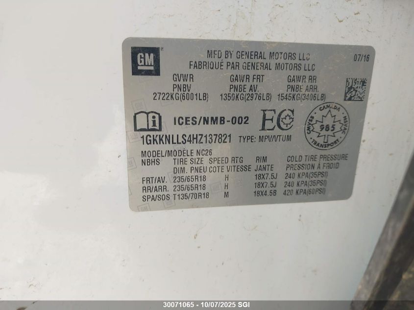2017 GMC Acadia Sle VIN: 1GKKNLLS4HZ137821 Lot: 30071065