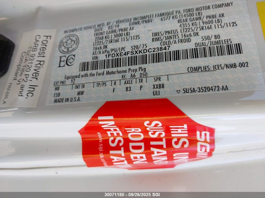 2019 Ford Econoline E450 Super Duty Cutaway V VIN: 1FDXE4FSXKDC23847 Lot: 30071180