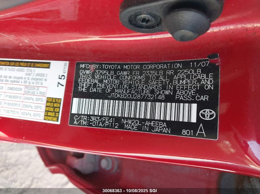 2008 Toyota Prius VIN: JTDKB20U287732148 Lot: 30068363