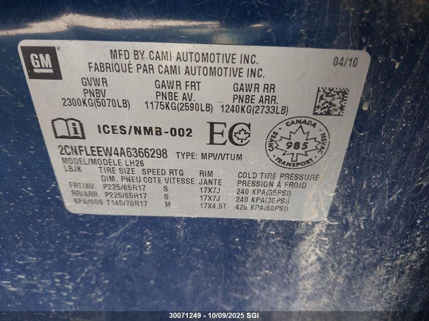 2010 Chevrolet Equinox Lt VIN: 2CNFLEEW4A6366298 Lot: 30071249