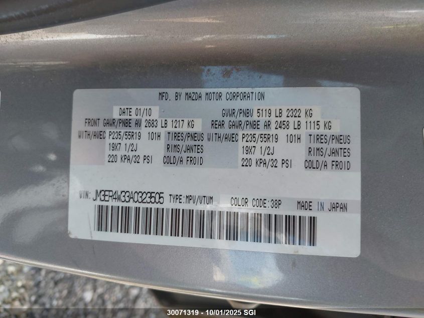 2010 Mazda Cx-7 VIN: JM3ER4W33A0323505 Lot: 30071319