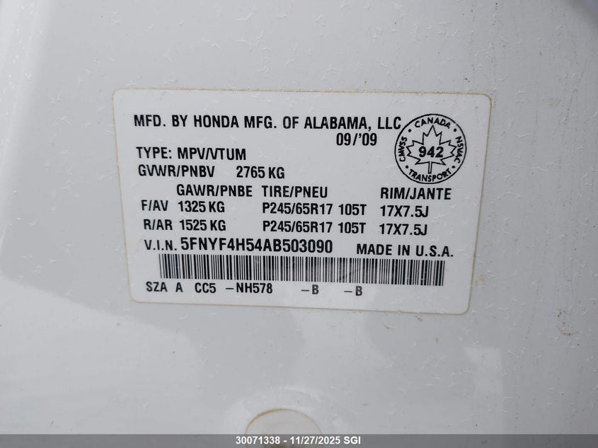 2010 Honda Pilot Exl VIN: 5FNYF4H54AB503090 Lot: 30071338