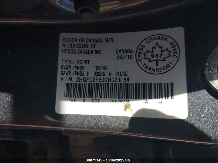 2016 Honda Civic Lx VIN: 2HGFC2F60GH023164 Lot: 30071345