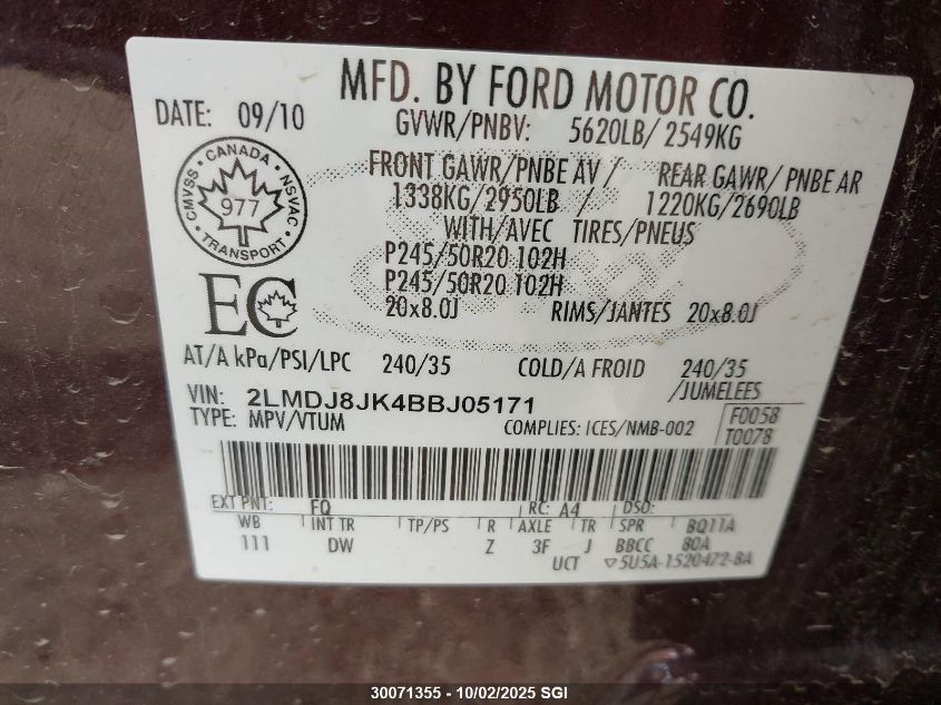 2011 Lincoln Mkx VIN: 2LMDJ8JK4BBJ05171 Lot: 30071355