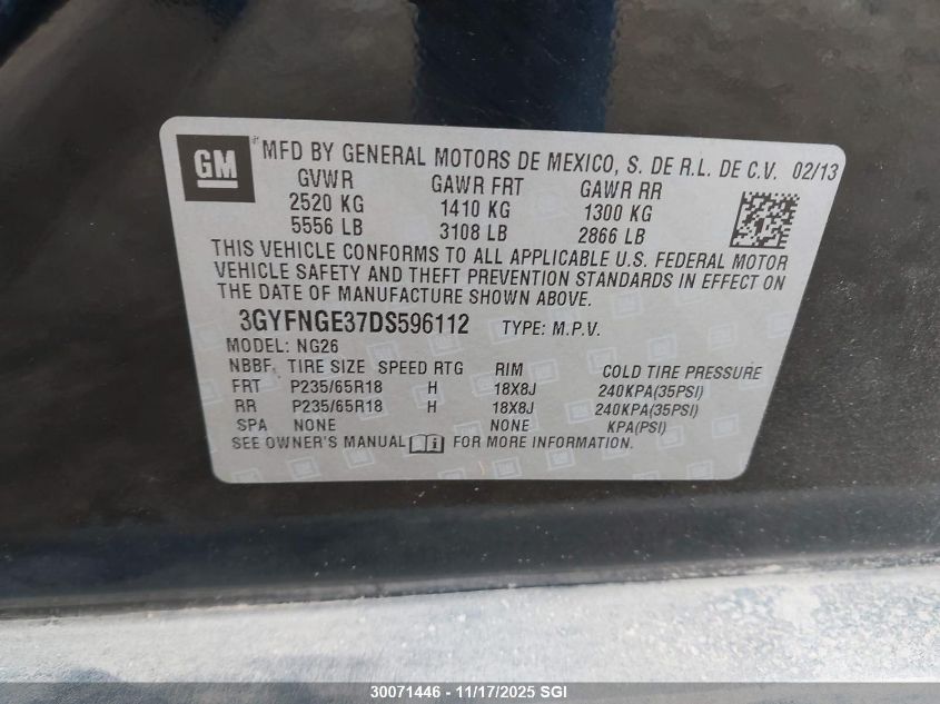 2013 Cadillac Srx Luxury Collection VIN: 3GYFNGE37DS596112 Lot: 30071446