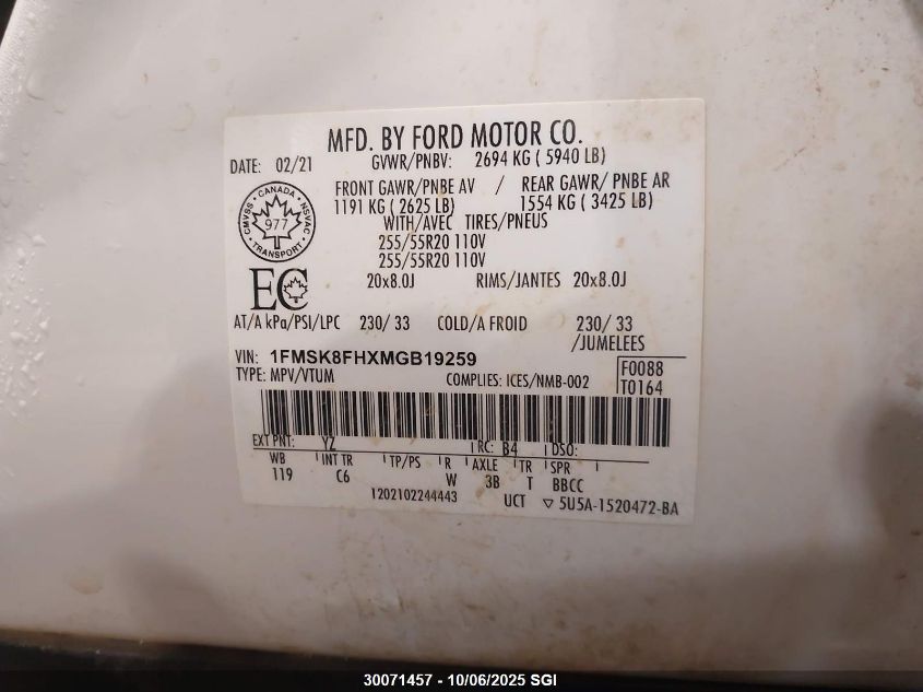 2021 Ford Explorer Limited VIN: 1FMSK8FHXMGB19259 Lot: 30071457