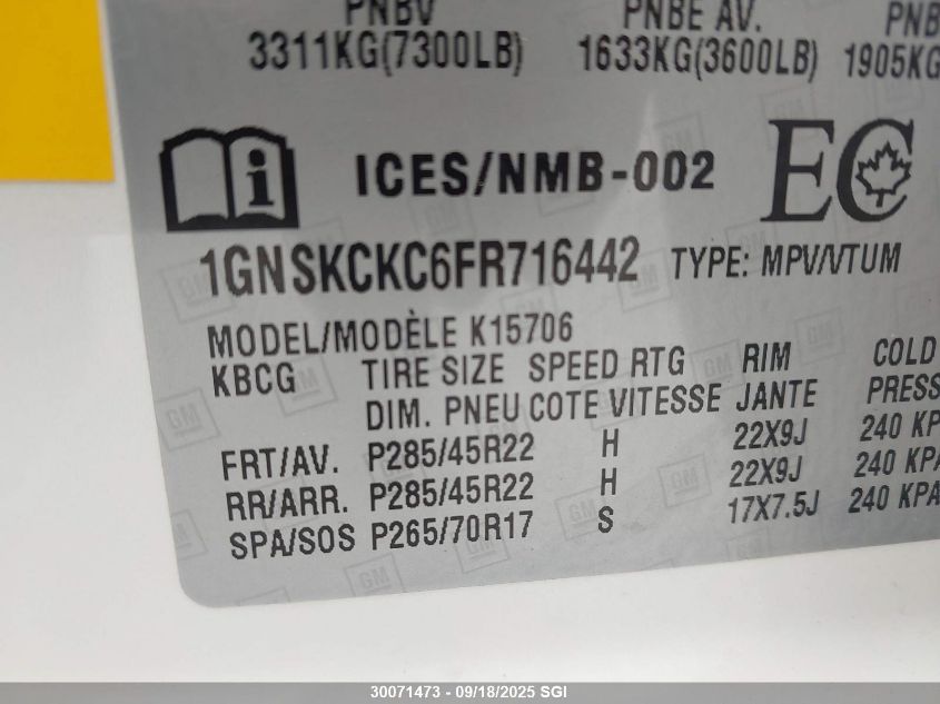 2015 Chevrolet Tahoe K1500 Ltz VIN: 1GNSKCKC6FR716442 Lot: 30071473