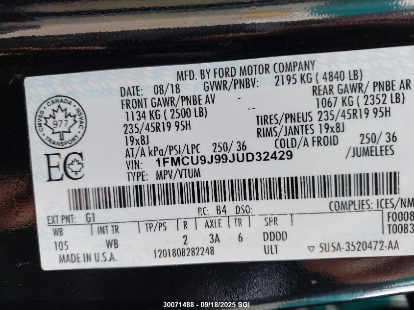 2018 Ford Escape Titanium VIN: 1FMCU9J99JUD32429 Lot: 30071488