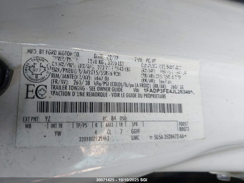 2018 Ford Focus Se VIN: 1FADP3FE4JL263485 Lot: 30071425