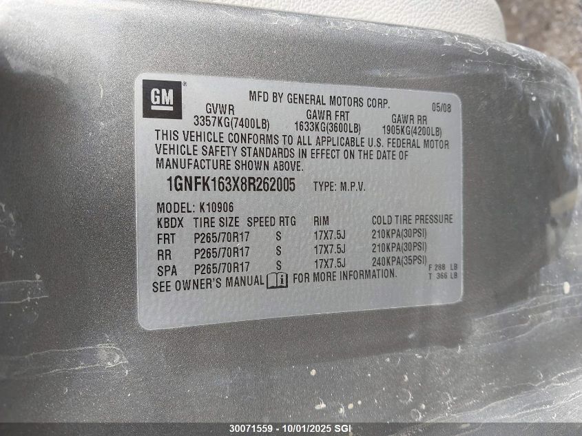 2008 Chevrolet Suburban K1500 Ls VIN: 1GNFK163X8R262005 Lot: 30071559