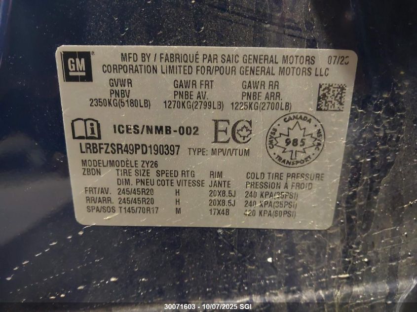 2023 Buick Envision Avenir VIN: LRBFZSR49PD190397 Lot: 30071603