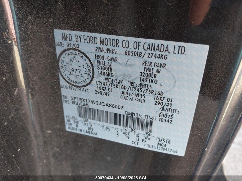 2003 Ford F-150 Lariat/Xl/Xlt VIN: 2FTRX17W23CA86007 Lot: 30070434