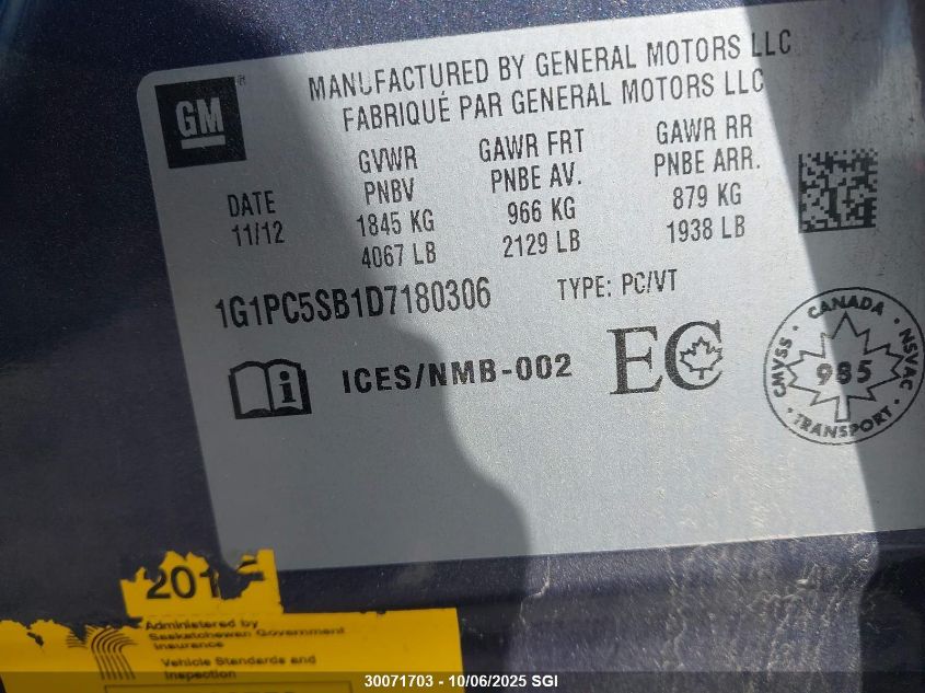 2013 Chevrolet Cruze Lt VIN: 1G1PC5SB1D7180306 Lot: 30071703