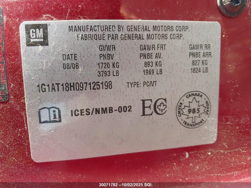 2009 Chevrolet Cobalt Lt VIN: 1G1AT18H097125198 Lot: 30071782