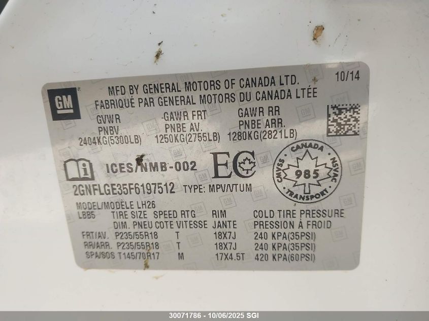 2015 Chevrolet Equinox Lt VIN: 2GNFLGE35F6197512 Lot: 30071786