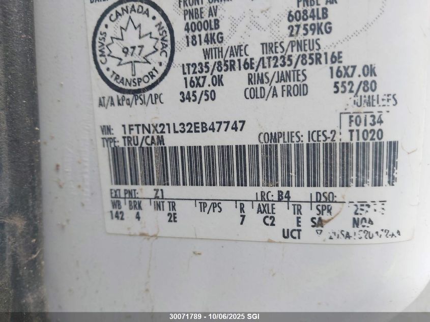 2002 Ford F250 Super Duty VIN: 1FTNX21L32EB47747 Lot: 30071789