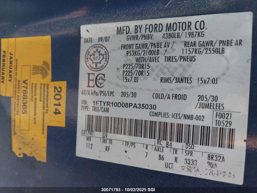 2008 Ford Ranger VIN: 1FTYR10D08PA35030 Lot: 30071793