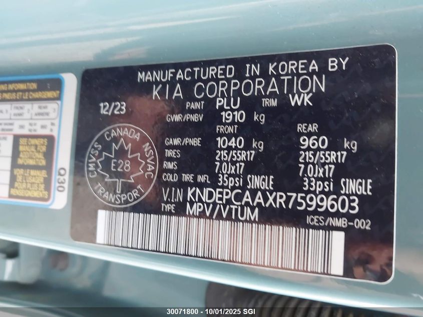 2024 Kia Seltos Lx VIN: KNDEPCAAXR7599603 Lot: 30071800