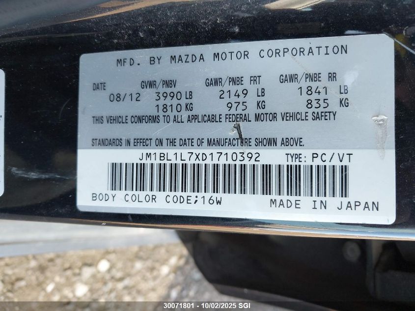 2013 Mazda 3 I VIN: JM1BL1L7XD1710392 Lot: 30071801