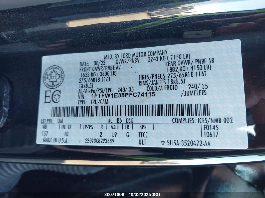 2023 Ford F150 Supercrew VIN: 1FTFW1E88PFC74115 Lot: 30071806