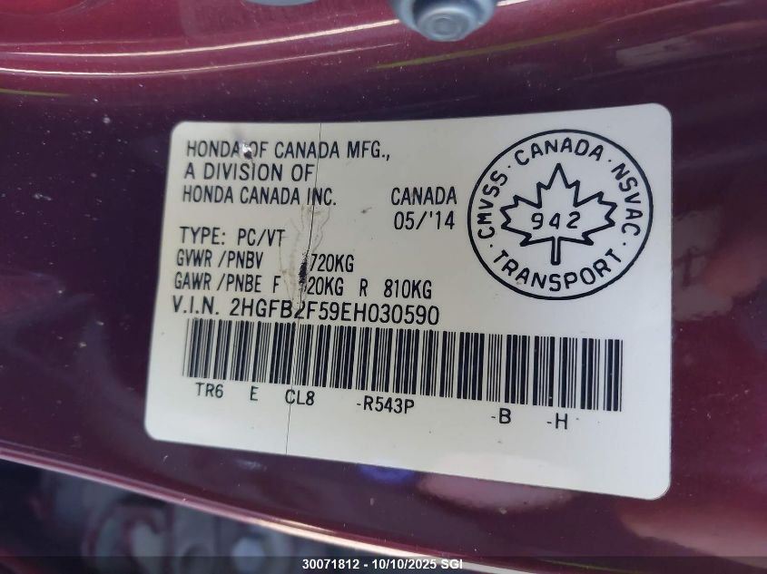 2014 Honda Civic Lx VIN: 2HGFB2F59EH030590 Lot: 30071812