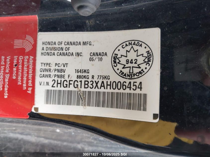 2010 Honda Civic Dx-G VIN: 2HGFG1B3XAH006454 Lot: 30071827