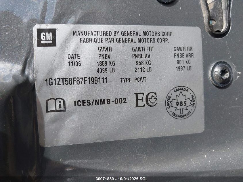 2007 Chevrolet Malibu Lt VIN: 1G1ZT58F87F199111 Lot: 30071830