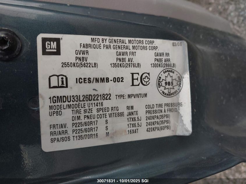 2006 Pontiac Montana Sv6 VIN: 1GMDU33L26D221822 Lot: 30071831