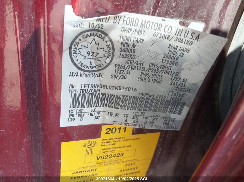 2003 Ford F150 Supercrew VIN: 1FTRW08L03KB15016 Lot: 30071834